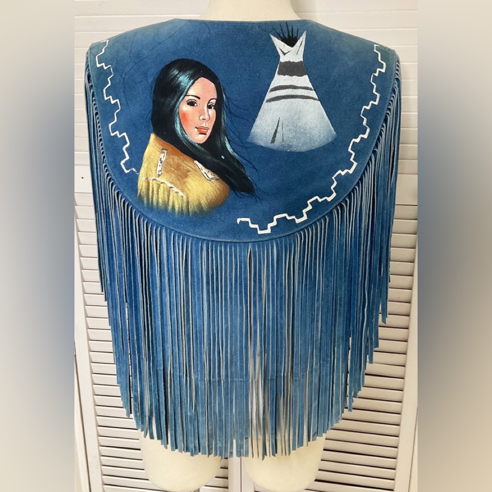 Vintage Apache native american hand painted fringed cape